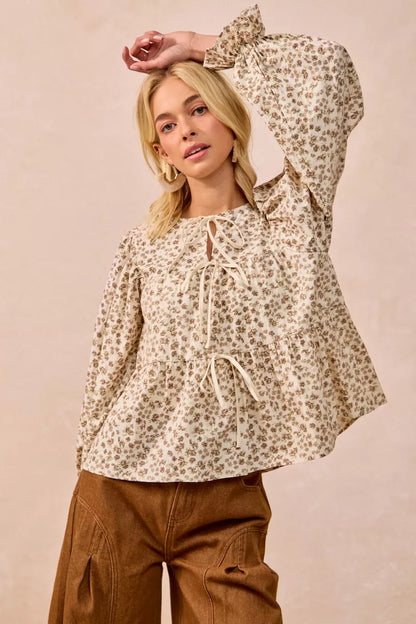 Floral Printed Peplum Blouse with Shirring and Tied at In Style Chics Boutique 