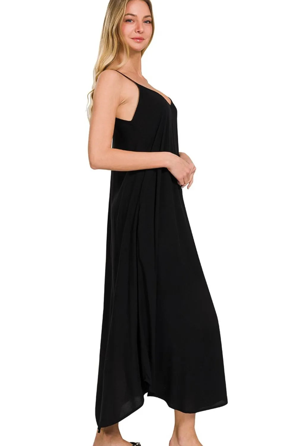 Black Cami Dress With Flowy Pockets, Woven Arc Hem - In Style Chics Boutique Women's Juniors clothes online 