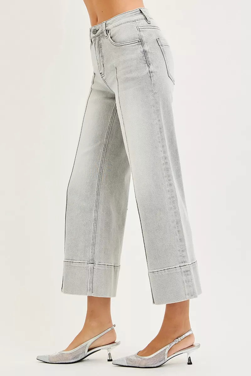 RISEN Tummy Control Mid Rise Crop Wide Pintuck Front Jeans