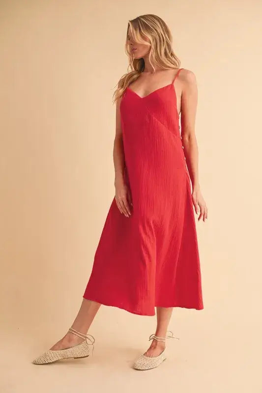 Side Button Midi Red Cami Dress - In Style Chics Boutique Women's Juniors Apparel Online In Style Clothes