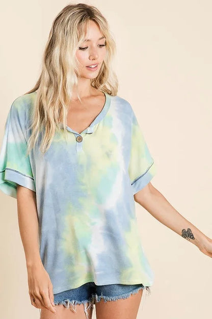 Tie Dye French Terry Top With Buttoned Placket - In Style Chics Boutique 