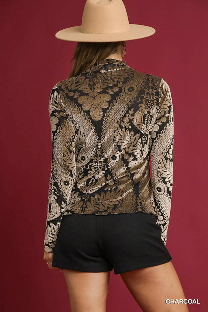Damask Print Velvet Burnout Top at In Style Chics Boutique 