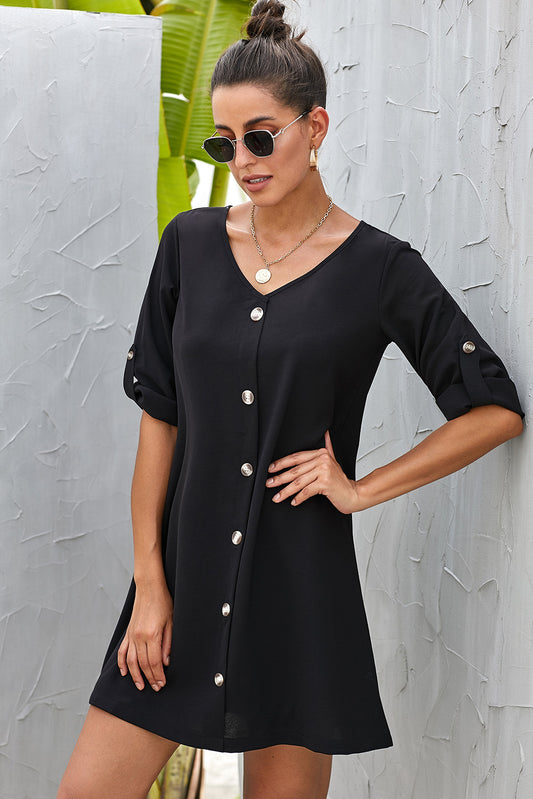 Buttoned V-Neck Dress - In Style Chics Boutique LLC