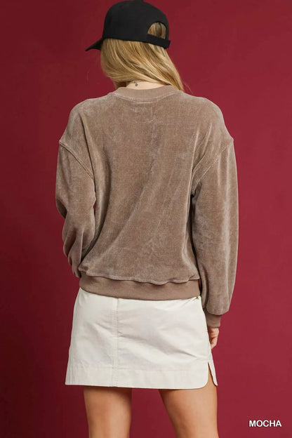 Velour Sweatshirt, Crewneck Balloon Sleeve  at In Style Chics Boutique 