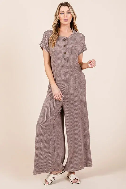 Rib Knit Jumpsuit with Button Detail