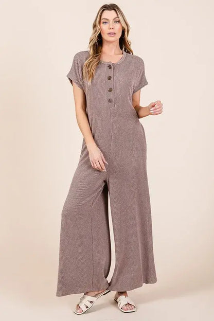 Rib Knit Jumpsuit with Button Detail