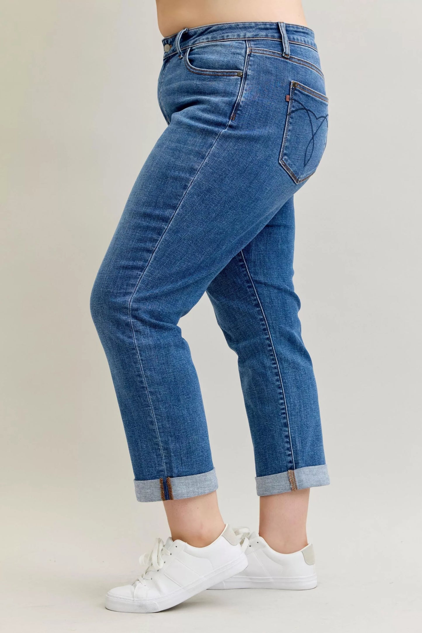 Judy Blue Mid Rise Boyfriend. Classic Cuffed Jeans at In Style Chics Boutique plus size jeans 
