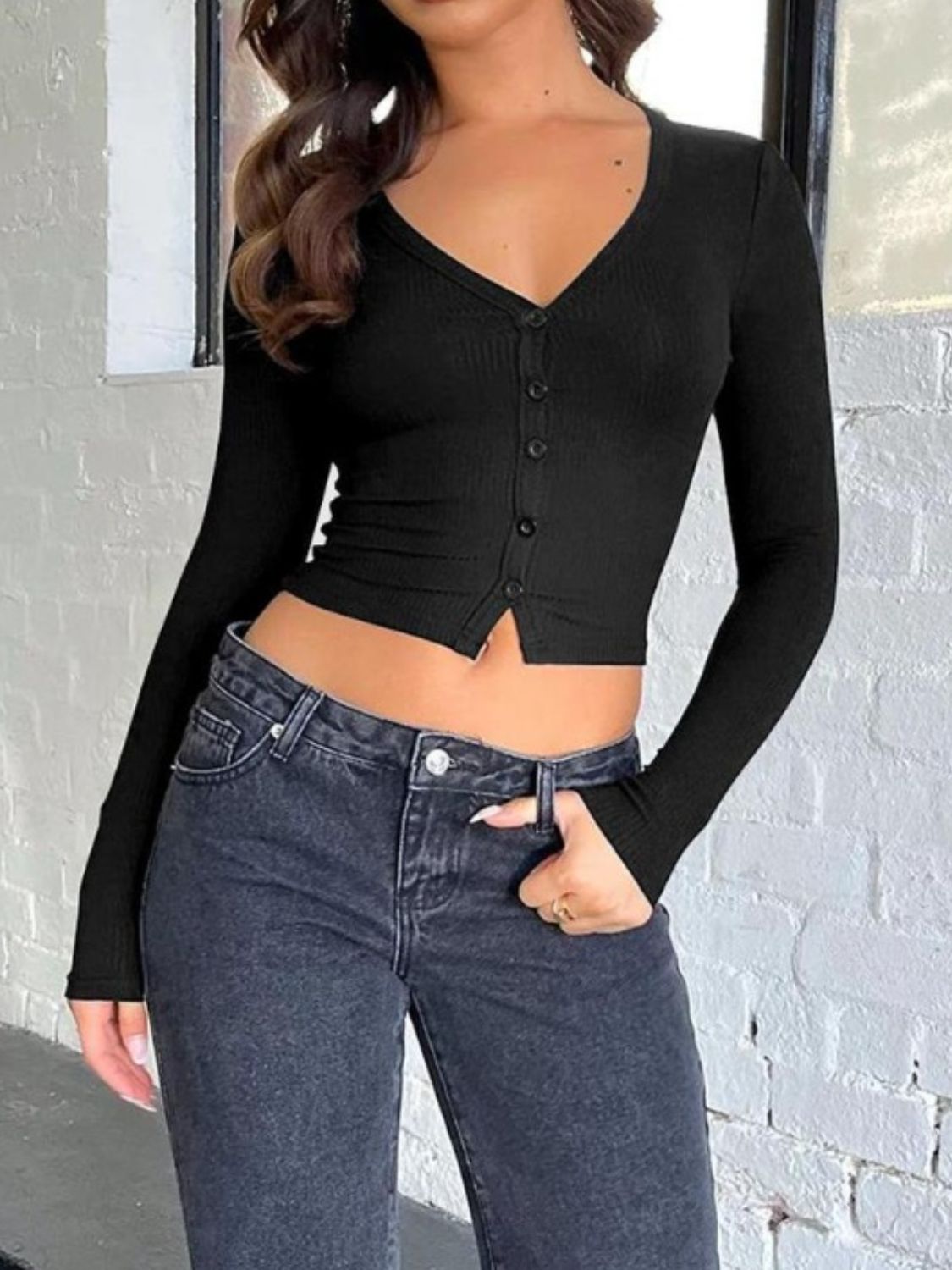 Buttoned V-Neck Long Sleeve T-Shirt - In Style Chics Boutique LLC