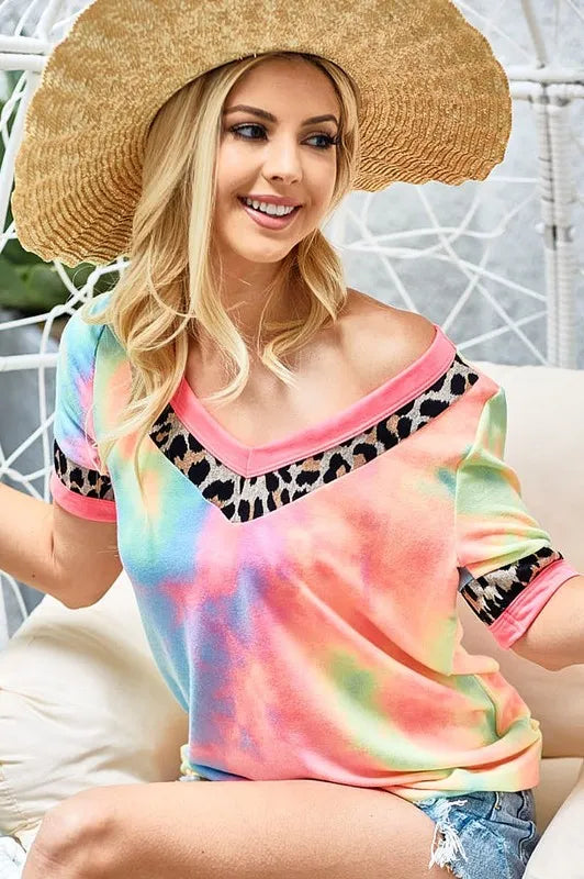 V-Neck T-Shirt, Rainbow Tie-Dye Leopard Trim at In Style Chics Boutique 