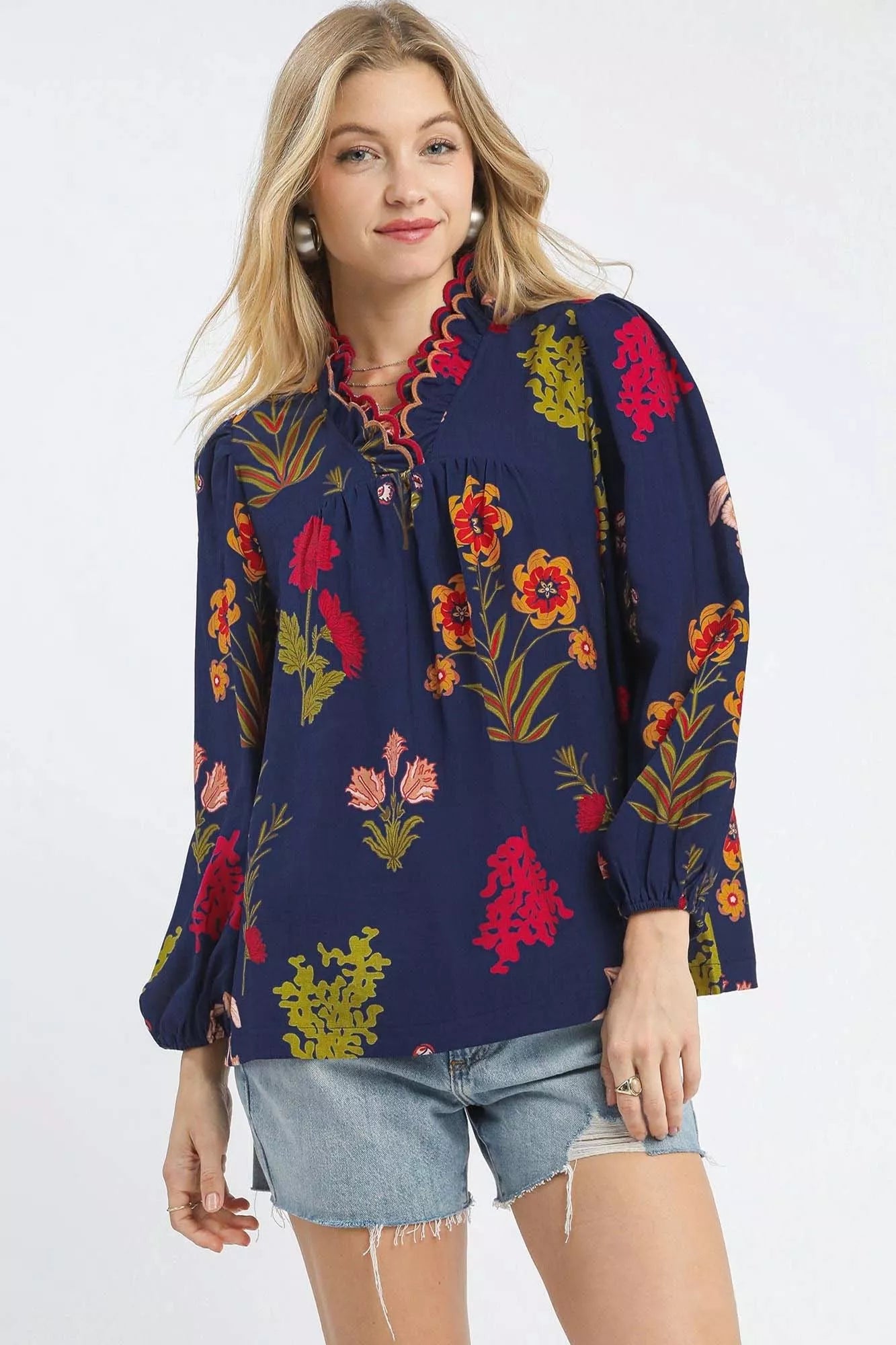 Flower Print Blouse with Scalloped Neckline at In Style Chics Boutique 