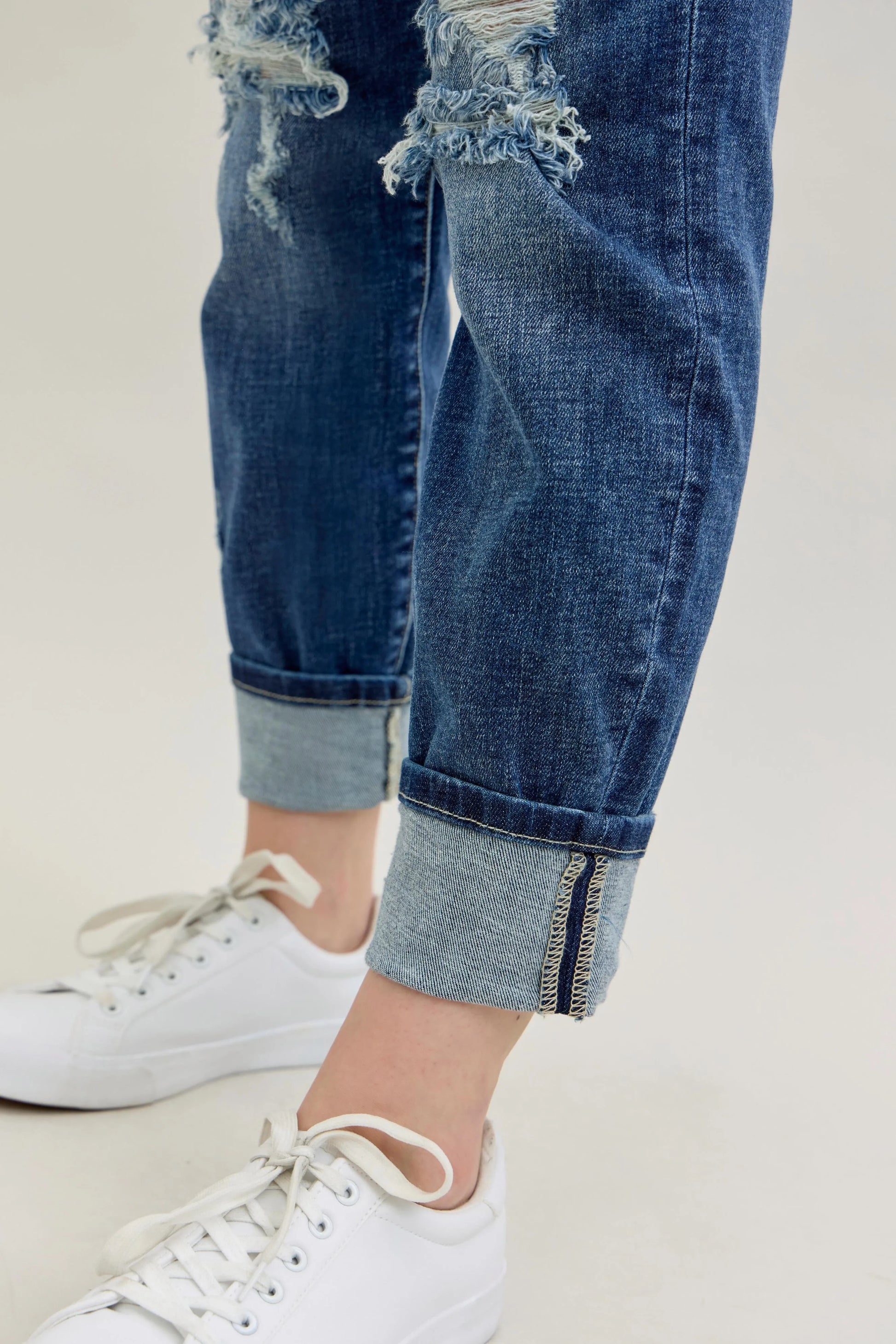 Judy Blue Mid Rise Cuffed Destroy Boyfriend Jeans - In Style Chics Boutique Women's Clothes Online Plus Size 