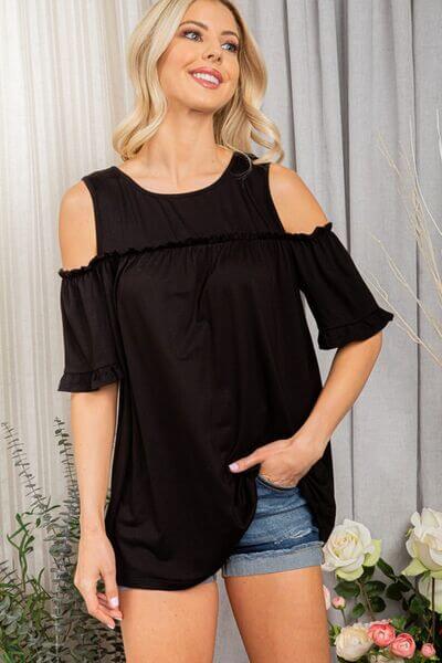 Women's Juniors Round Neck Cold Shoulder Frill T-Shirt - In Style Chics Boutique - Shop Online Fashio