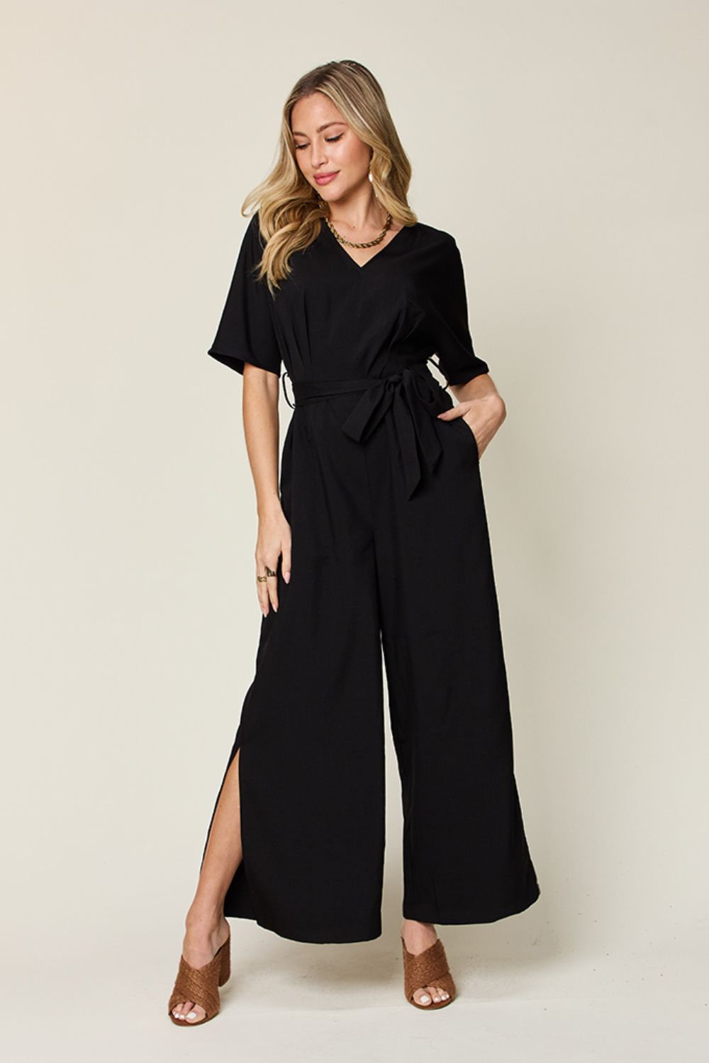 Double Take Full Size V-Neck Tie Front Short Sleeve Slit Jumpsuit - In Style Chics Boutique LLC