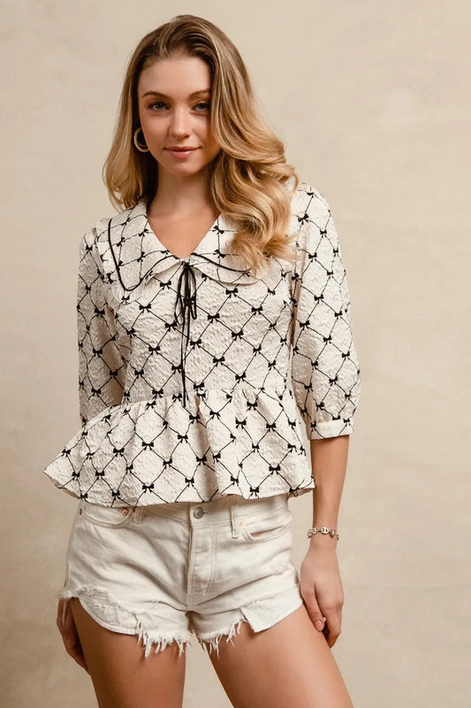 Peplum Top, Bow Printed Ruffle Collar  - In Style Chics Boutique 