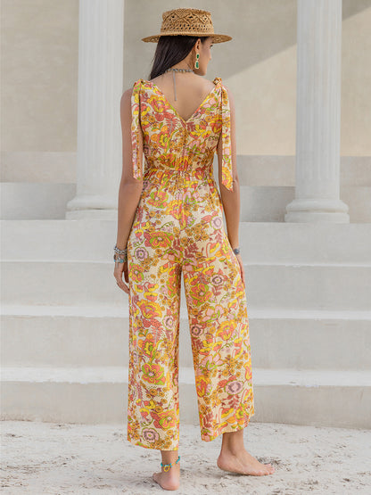 Printed V-Neck Tie Shoulder Jumpsuit - In Style Chics Boutique LLC