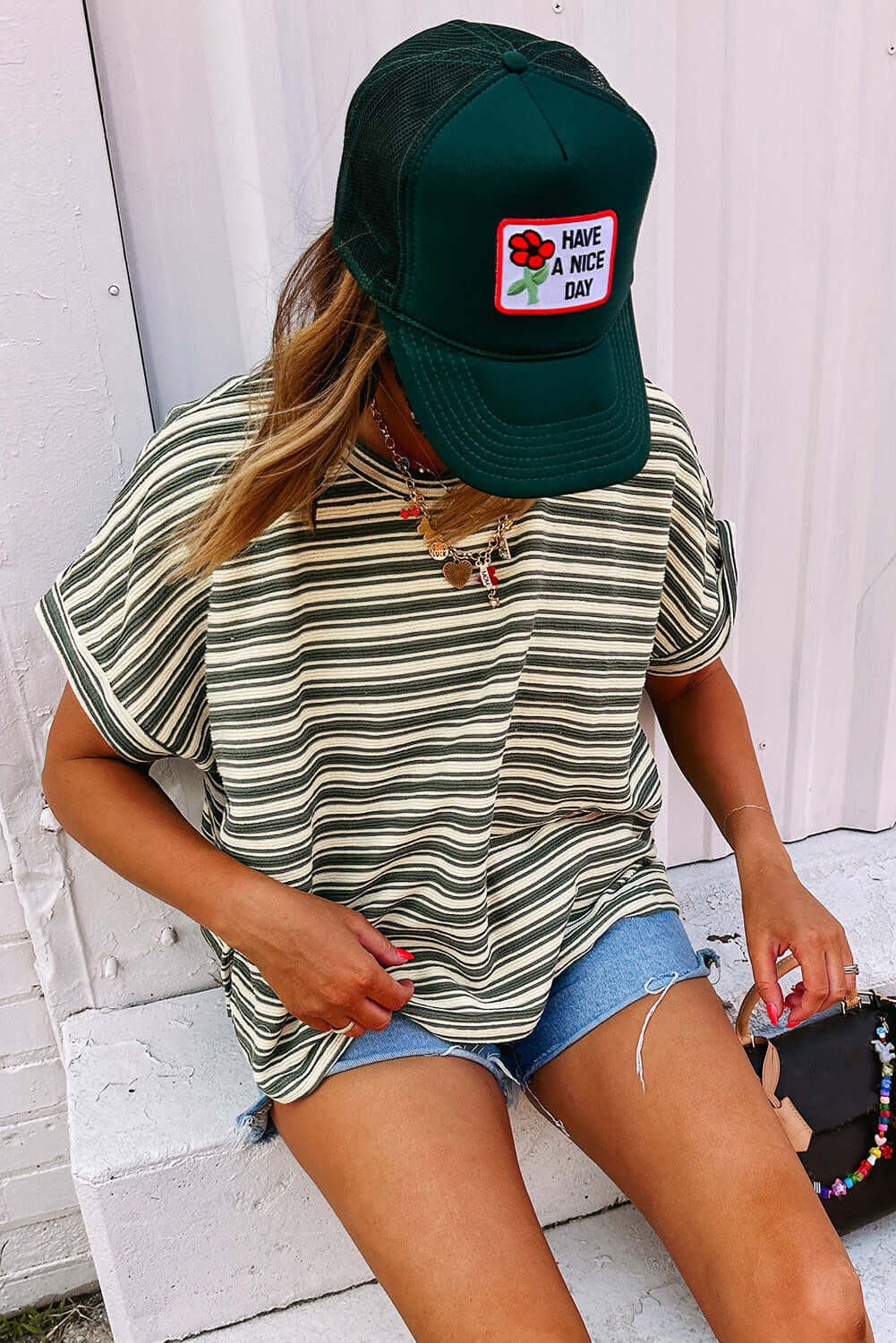 Green Stripe Textured Side Slit Crew Neck T Shirt - Cute Clothes Online - In Style Chics Boutique Women's Juniors Apparel