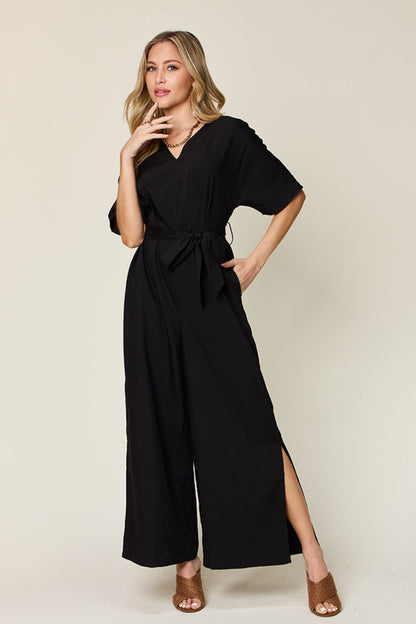 Double Take Full Size V-Neck Tie Front Short Sleeve Slit Jumpsuit - In Style Chics Boutique LLC