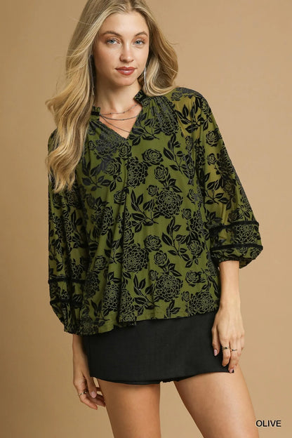 Floral Velvet Blouse with Balloon Sleeves at In Style Chics Boutique 🖤