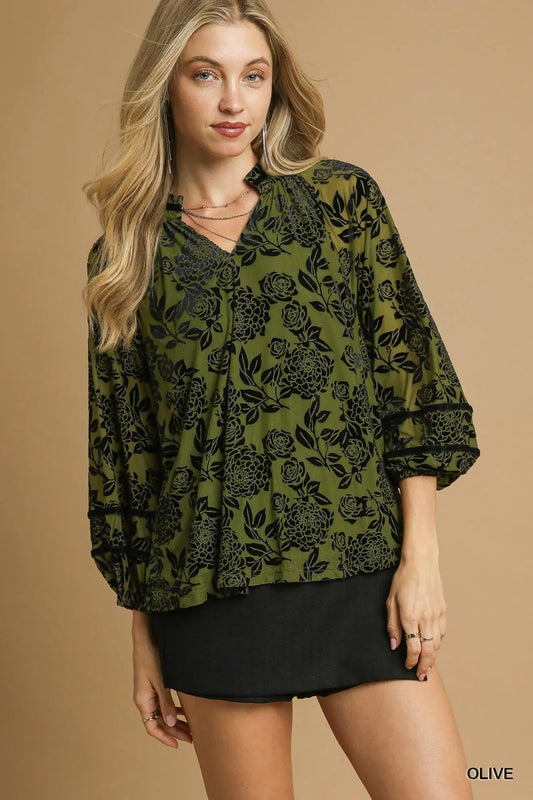 Floral Velvet Blouse with Balloon Sleeves at In Style Chics Boutique 🖤