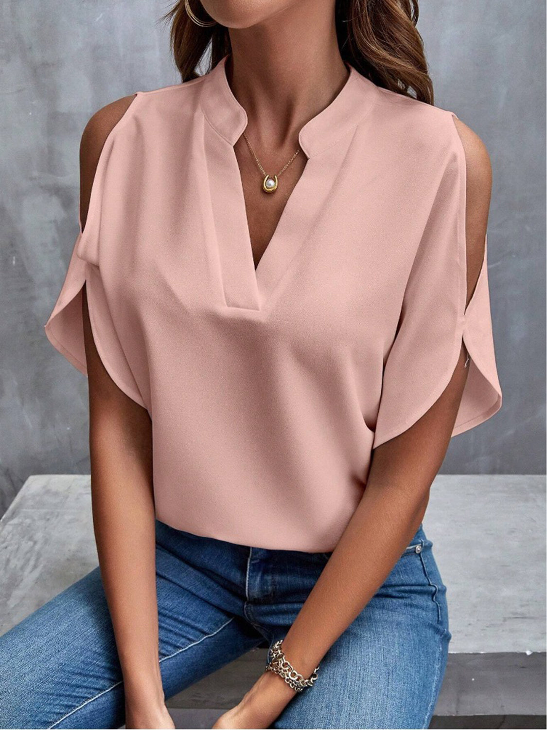 Notched Cold Shoulder Half Sleeve Blouse - In Style Chics Boutique LLC