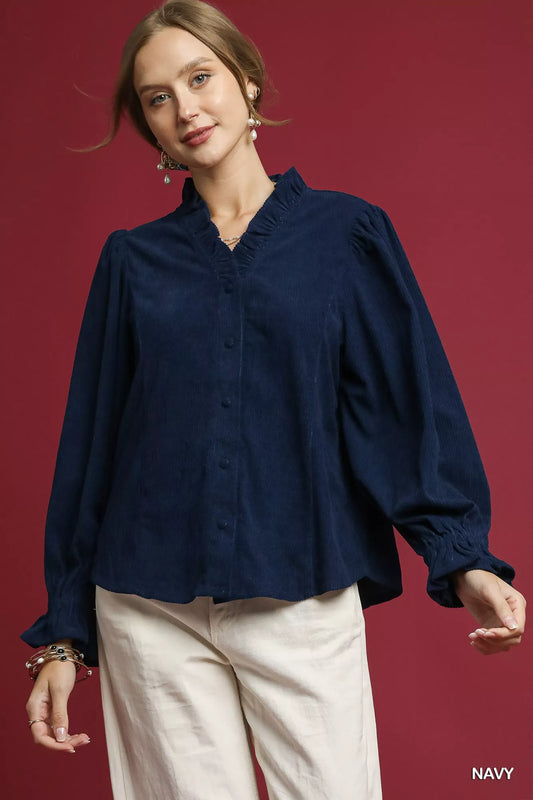 Navy Corduroy Ruffle Shirt with Long Puff Sleeves at In Style Chics Boutique 