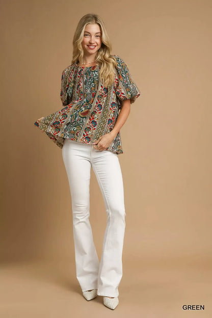 Boho Blouse, Floral Stripe Puff Sleeve at In Style Chics Boutique 