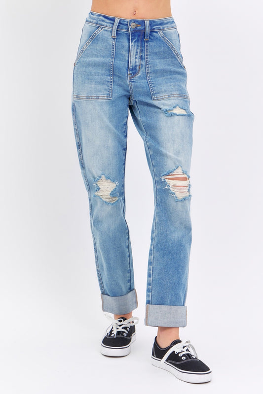 Judy Blue Full Size Distressed Straight Jeans with Patch Pockets - In Style Chics Boutique LLC