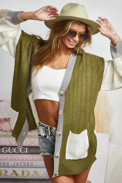 Color Block Sweater Cardigan with Button Closure - In Style Chics Boutique 