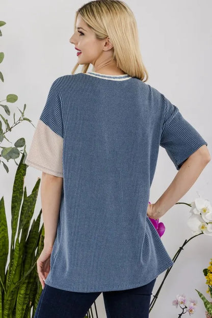 Rib Contrast Short Sleeve T-Shirt - Made in USA  - In Style Chics Boutique Women's Juniors Plus Size Cute Clothes Online 