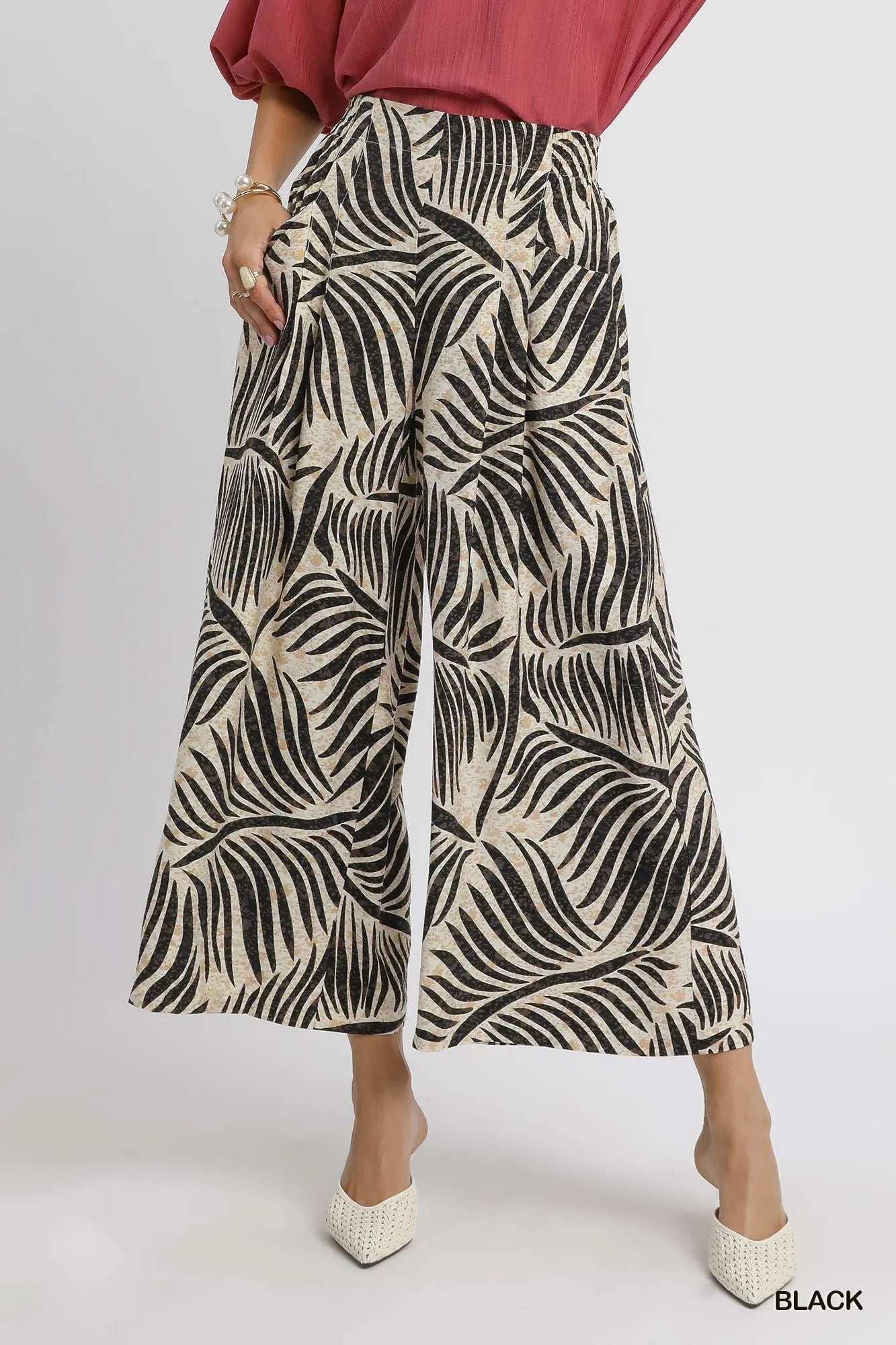 Palm Leaf Print Wide Leg Culotte Pants at In Style Chics Boutique 