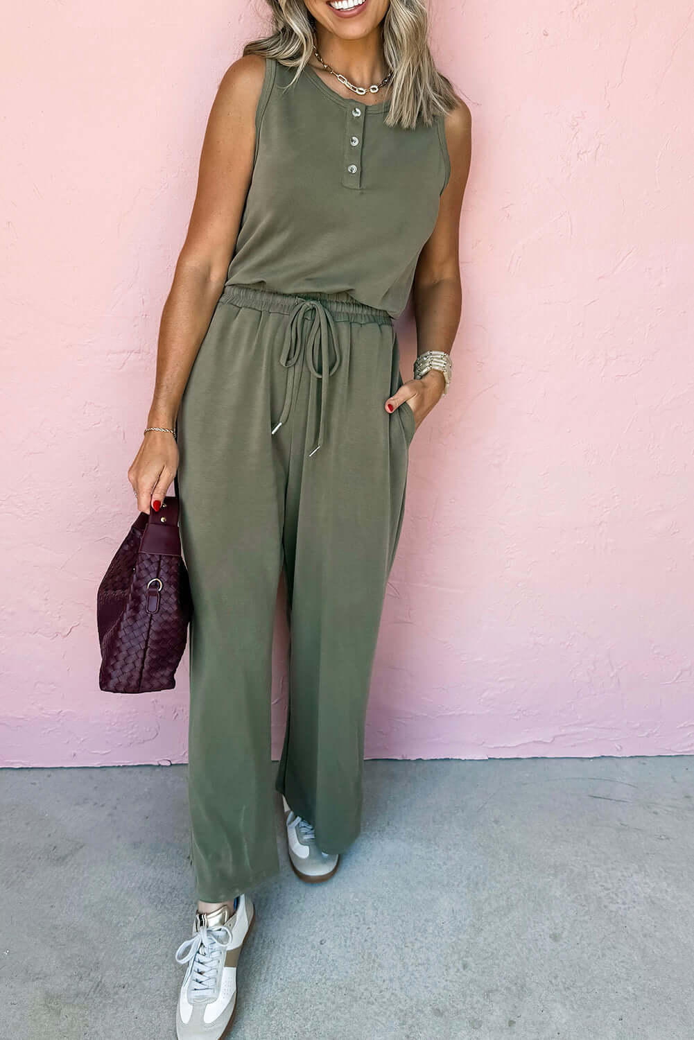 Vineyard Green Buttoned Drawstring Waist Sleeveless Wide Leg Jumpsuit - Cute Clothes Online - In Style Chics Boutique Women's Juniors 