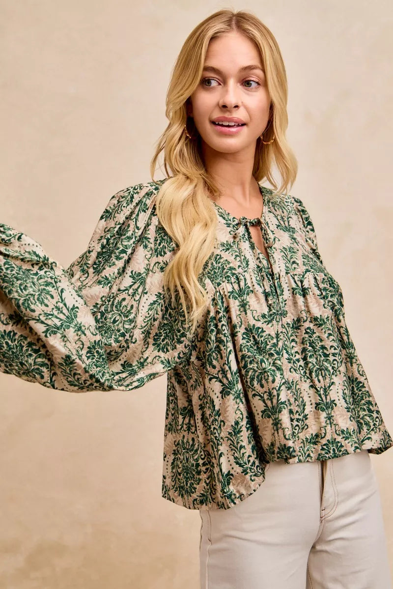 Printed Woven Front Tied Blouse with Balloon Sleeve at In Style Chics Boutique 