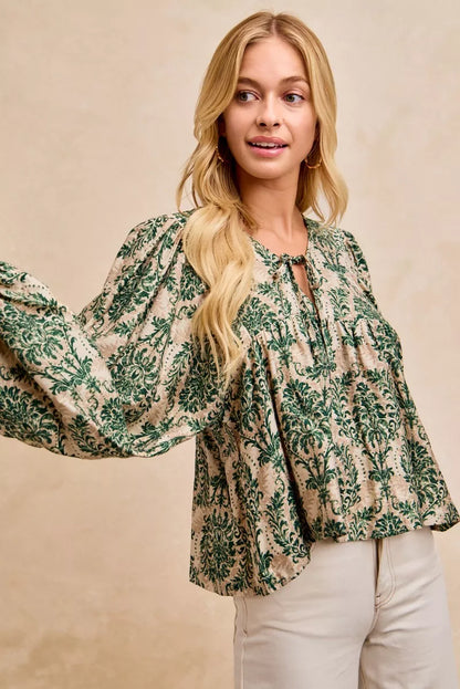 Printed Woven Front Tied Blouse with Balloon Sleeve at In Style Chics Boutique 