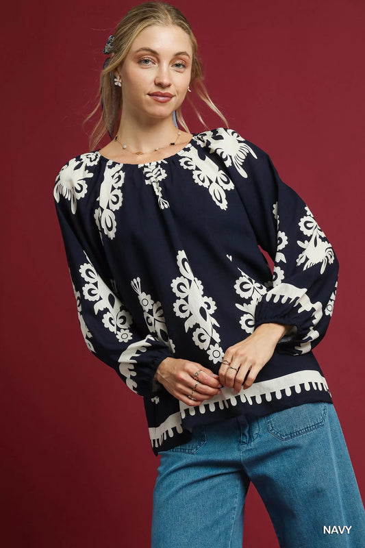 Two Tone Border Print Navy Top with Balloon Sleeves at In Style Chics Boutique 