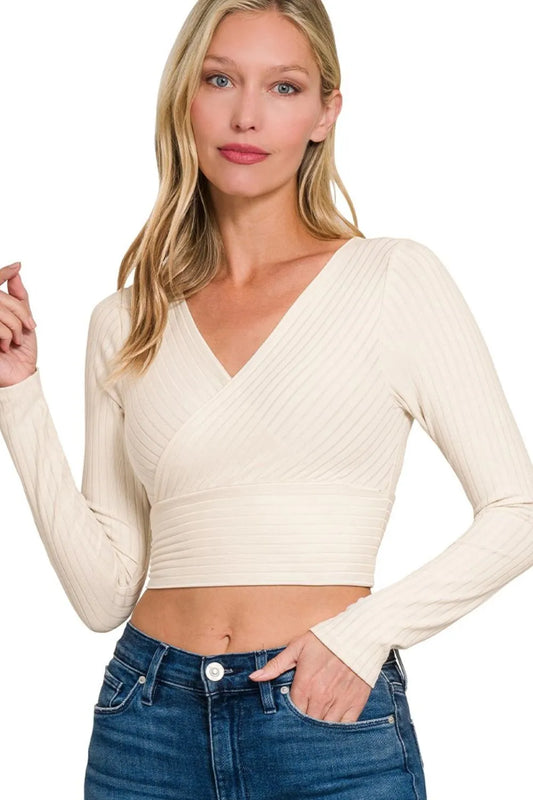 Long Sleeve Crop Top, Ribbed Surplus Waist Band - In Style Chics Boutique Cute Clothes Online 