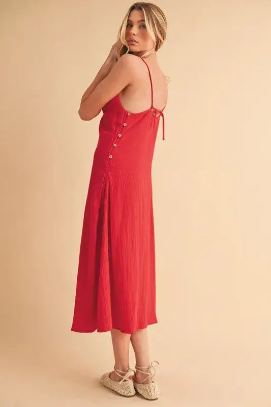 Side Button Midi Red Cami Dress - In Style Chics Boutique Women's Juniors Apparel Online In Style Clothes
