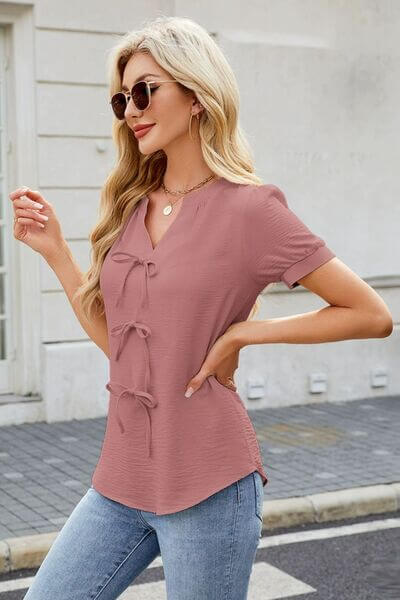 Bow Notched Short Sleeve Blouse