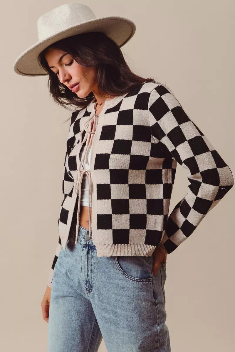 Shop Tie Front Checkered Knitted Round Neck Cardigan at In Style Chics Boutique