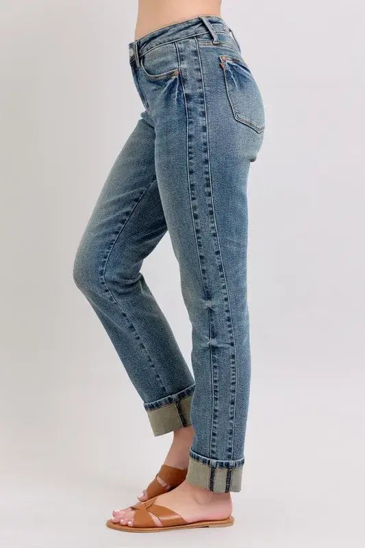 Judy Blue Mid Rise Vintage Wash Double Roll Cuff Boyfriend Jeans - In Style Chics Boutique Women's Juniors Plus Size Apparel Online 