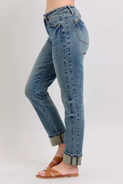 Judy Blue Mid Rise Vintage Wash Double Roll Cuff Boyfriend Jeans - In Style Chics Boutique Women's Juniors Plus Size Apparel Online 