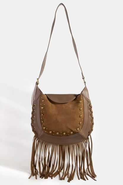 Rivet Trim Suede Fringe Shoulder Bag at In Style Chics Boutique 