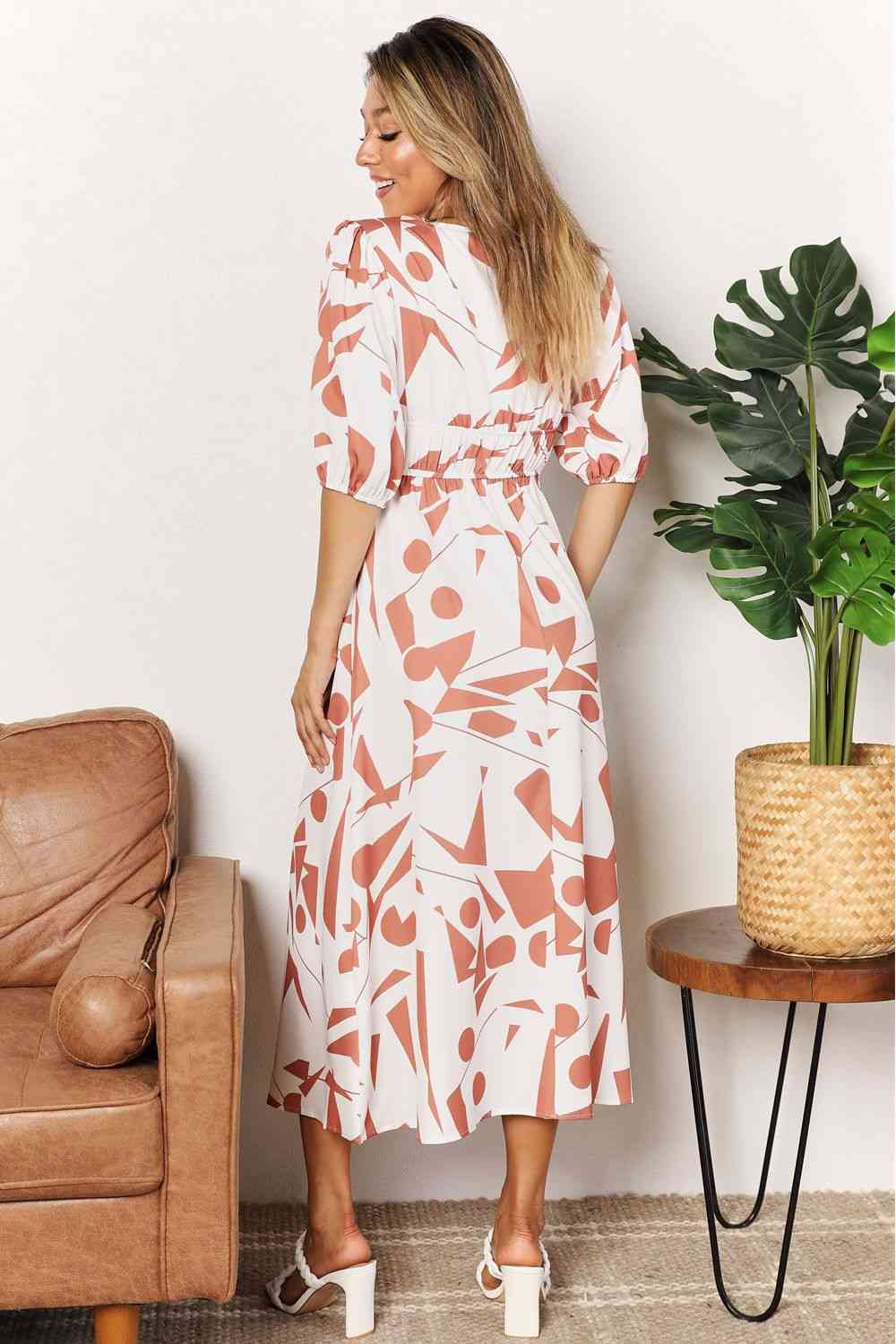 Printed Surplice Balloon Sleeve Dress - spring dresses - In Style Chics Boutique Online Clothing 