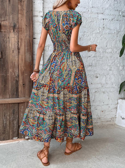 Smocked Printed Cap Sleeve Midi Dress - In Style Chics Boutique LLC