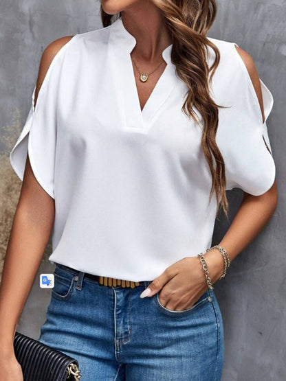 Notched Cold Shoulder Half Sleeve Blouse - In Style Chics Boutique LLC