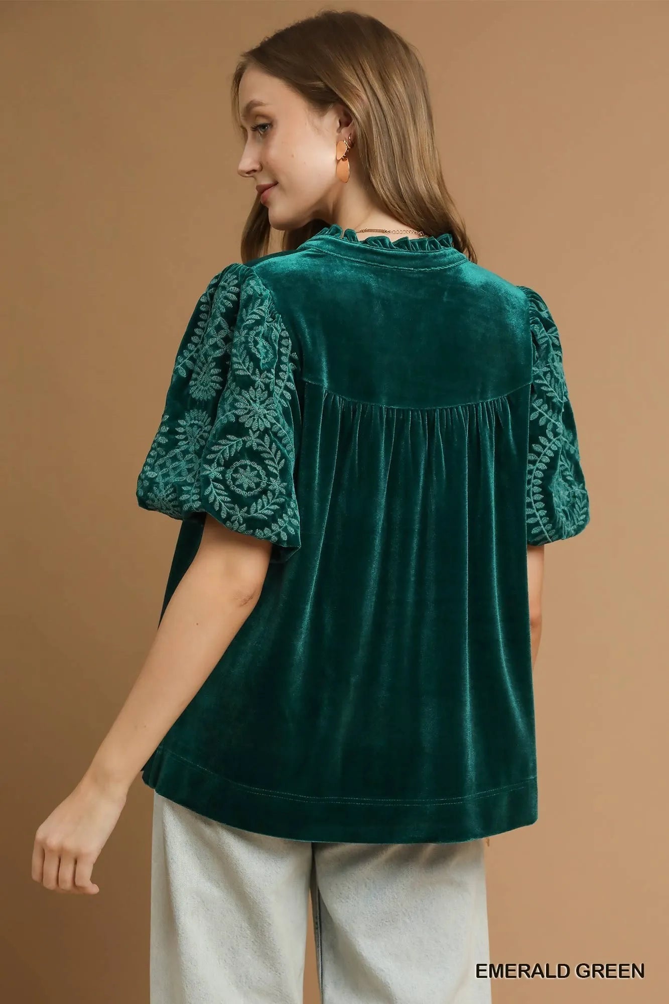Velvet Embroidered Sleeve Blouse at In Style Chics Boutique 