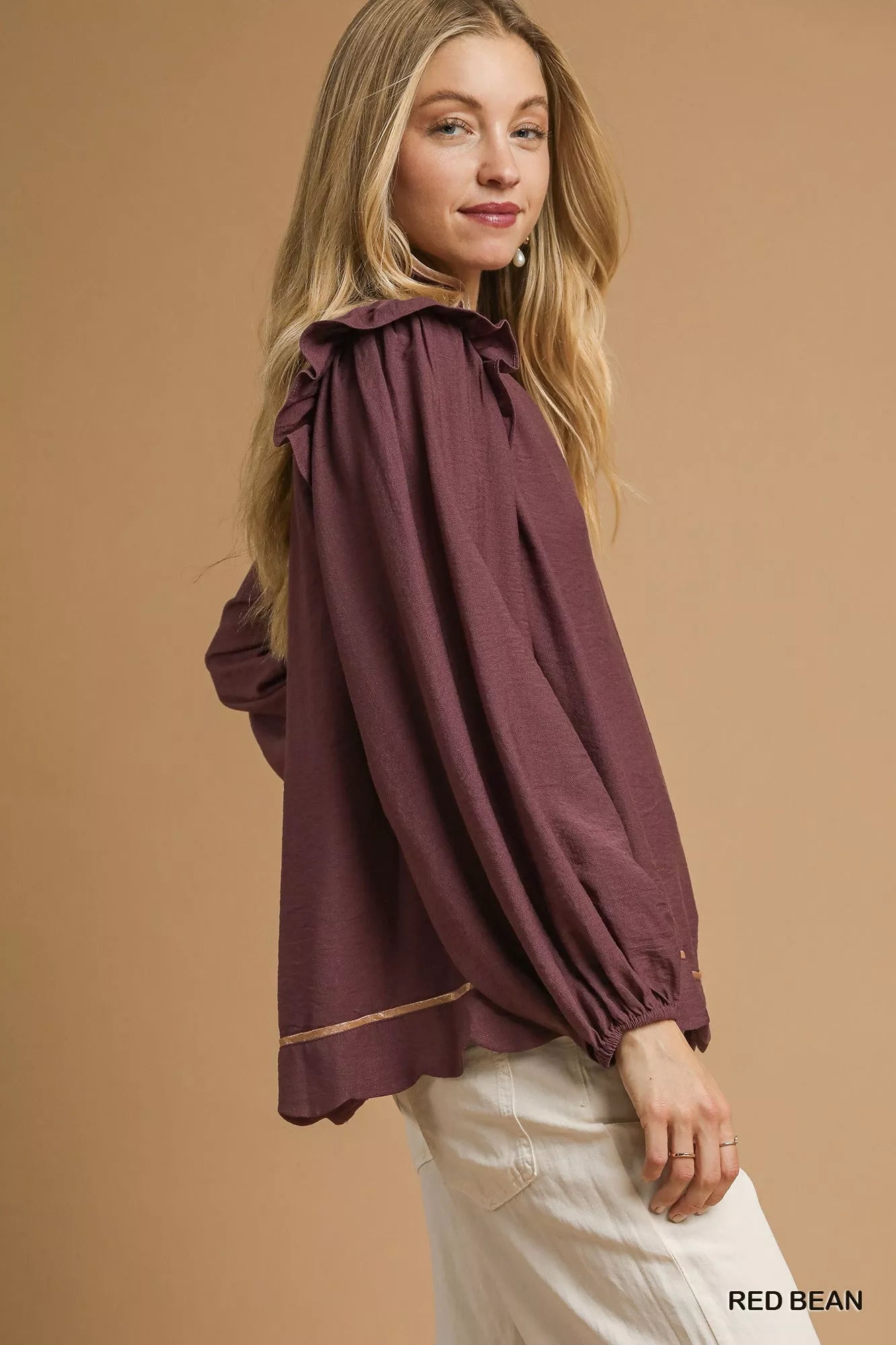 Ruffle Shoulder Long Sleeve Blouse