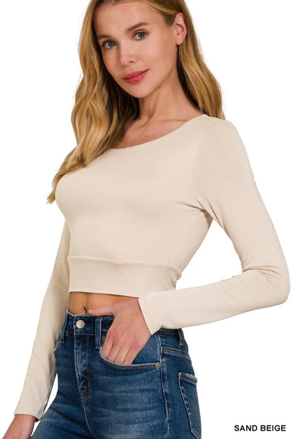 Double Layered Long Sleeve Cropped Round Neck T-Shirt at In Style Chics Boutique 