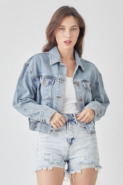 RISEN Full Size Button Down Cropped Denim Jacket - In Style Chics Boutique LLC