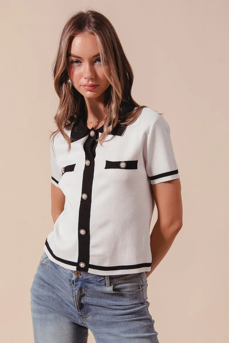 Button Down Knitted Short Sleeve Sweater  at In Style Chics Boutique 
