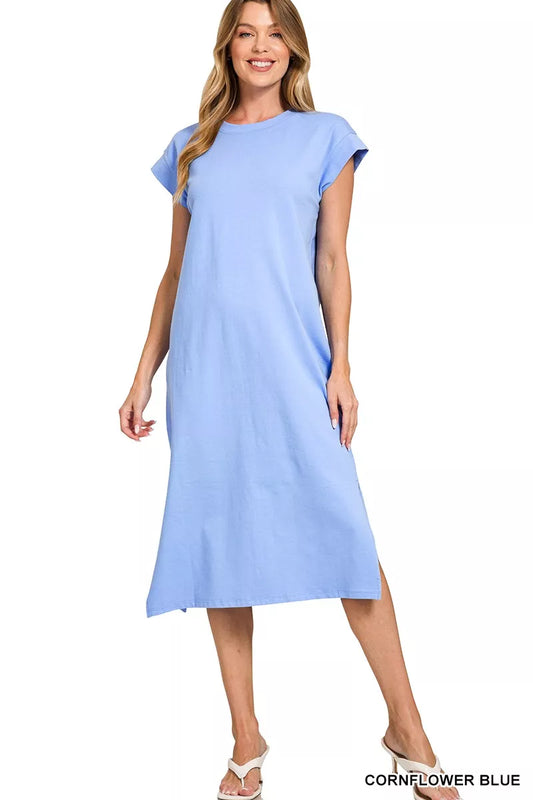 Round Neck Side Slit Midi Dress at In Style Chics Boutique 